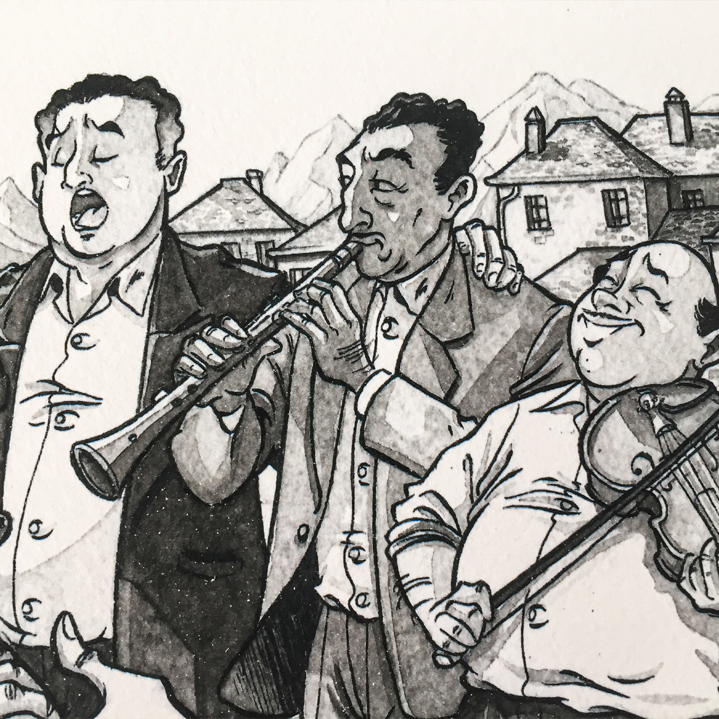 Close up of three of the musicians : the singer, the clarinet and the violin. Traditional houses of these regions with soe mountains is the background.