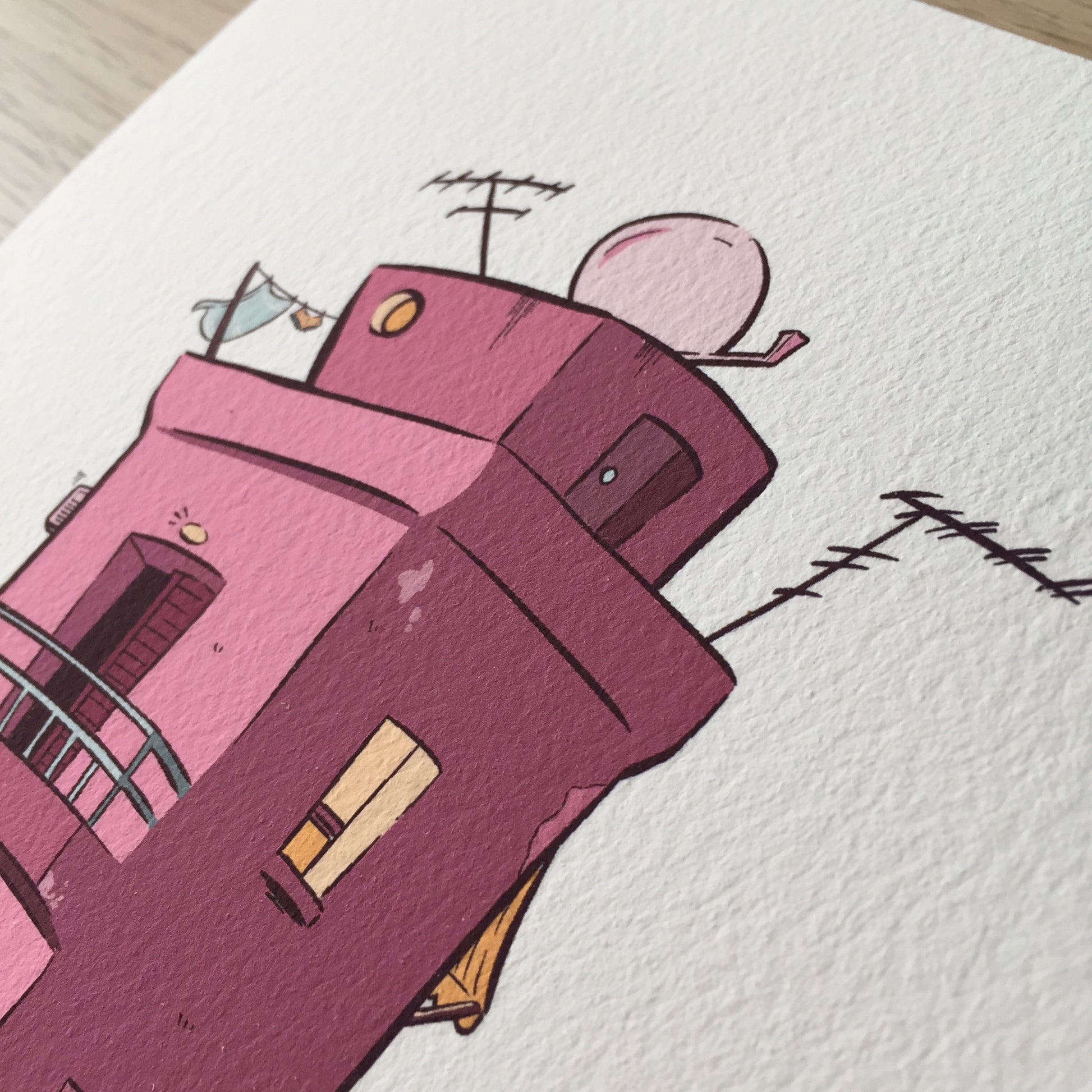 View of the building where can be seen some parabolic antennas and some light coming from the right window.