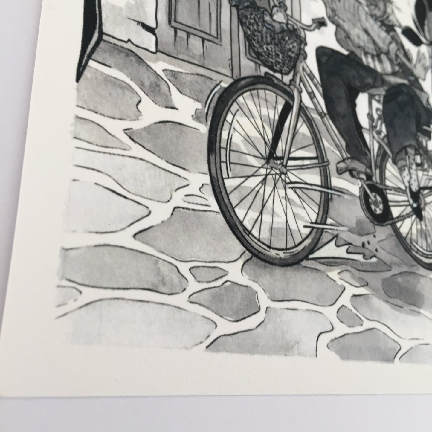 Close up of the illustration where we have a view of the pavel of the street and of the first wheele of the bicycle.