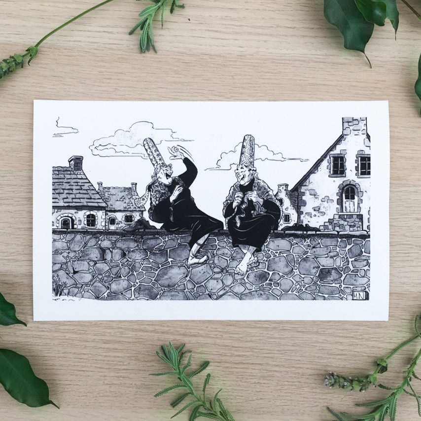 Two grandmas in traditional clothes from Britanny, North of France. Around the illustration we have some plamnts as a decor