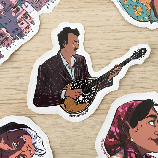 Bouzouki player sticker surrounded of 4 stickers. He wears bordeau suit, he has black hair and a nice black moustache.