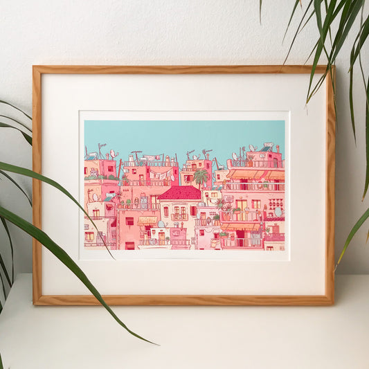 Framed illustration of a view of Athens city in different shades of pink with a blue sky. With a lot of different details such as clothes hanging on balconies, satellite antennas , chimneys, solar panels, whatever makes it a Greek city ! 