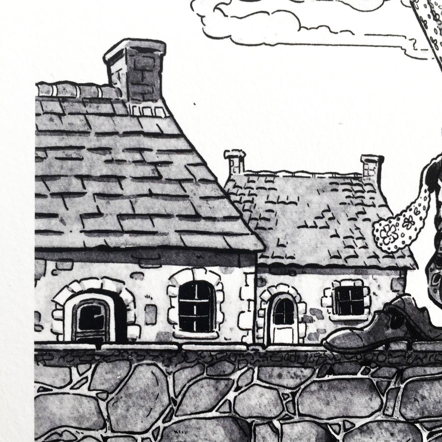 Close up of the left part of the illustration when we have 2 traditional houses from Britanny.