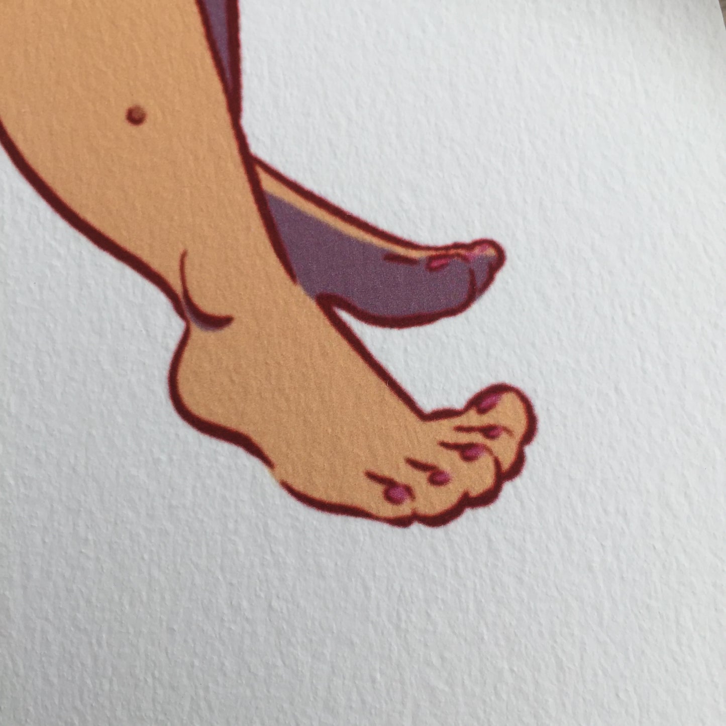 Close up of the lady's foot. She's wearing pink nail polish.