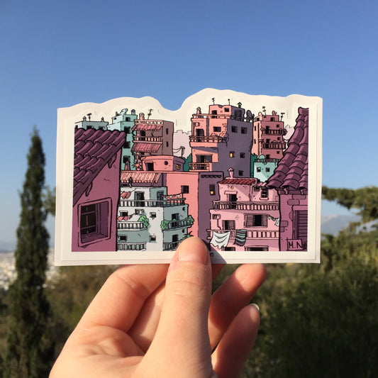 Sticker of a view of Athens City in blue and pink shades. The background of the photography is in fact a view of Athens, but we can mostly see the trees here.