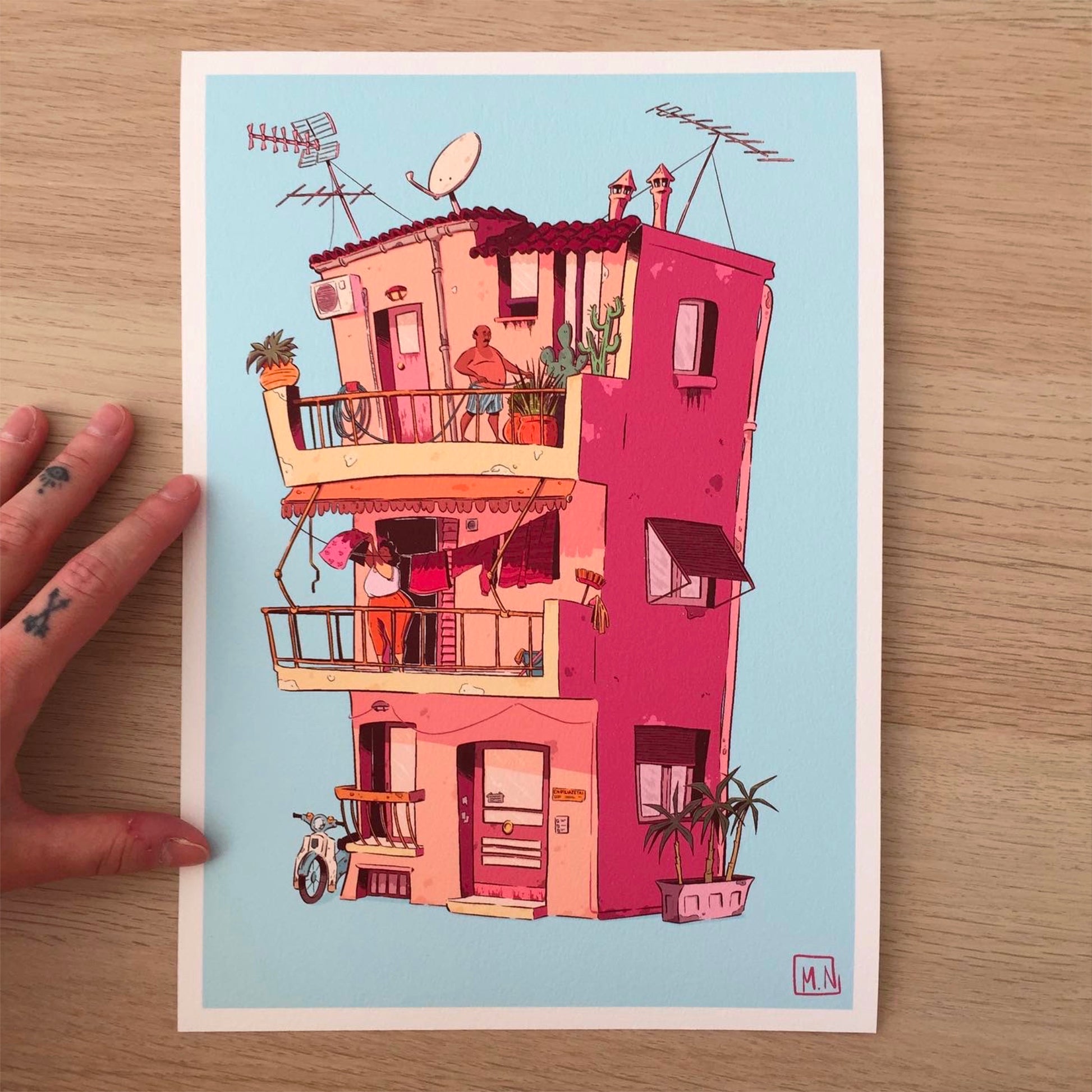 Illustration of a Greek buildings with differents little details such as, parabolic antennas, old shutters, an old moped, a lady lays out the clothes...