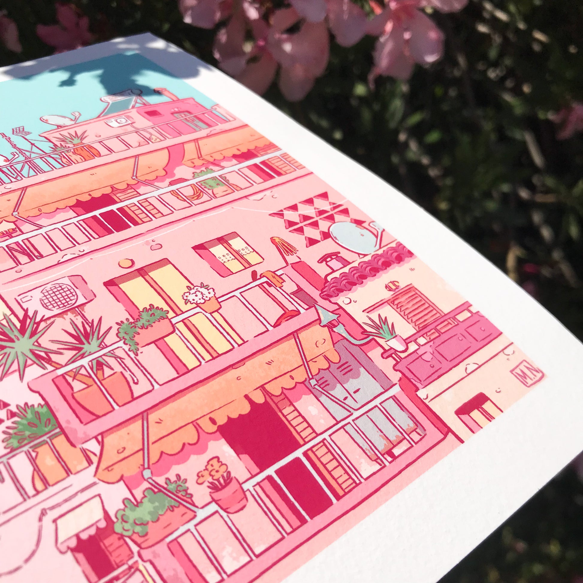 An other close up,of the illustration (right part) in front of a bougainvillea.