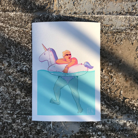 Illustration of a lady with sunglasses, with a pink swimsuit on unicorn buoy. 