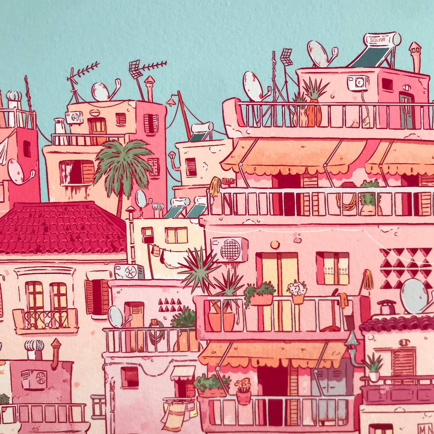 Close up of a part of the illustration where we have a view of some balconies. We have a lot of parabolic antennas on the roof tops, palms trees, clothes hanging,, plantes, and even a mop.