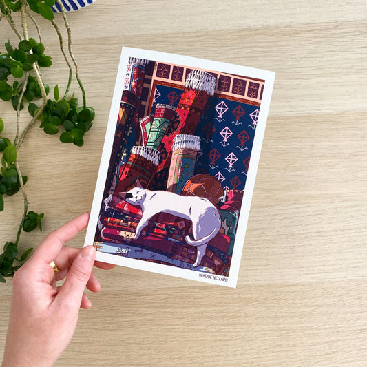 The Cat & The Carpet – Cozy Cat Illustration Art Print A5