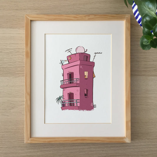 Hand framed art print of an Athenian building in pink.