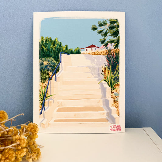 The Summer Stairs Art Print – Sunlit Mediterranean Architecture, A5