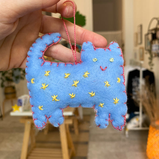 Blue cat with stars ! - handmade Christmas ornament