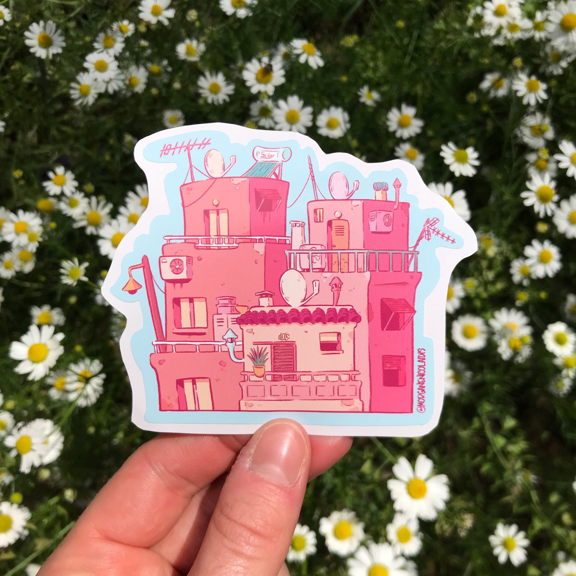 The sticker is hold by a hand. The background is a bed of marguerites.