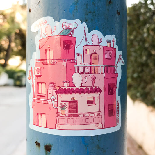 Sticker of three greek building in colorful shades of pink. On the buildings we have, balconies, air conditionner, parabolic antenna, street lamp, chimneys and electric pole.