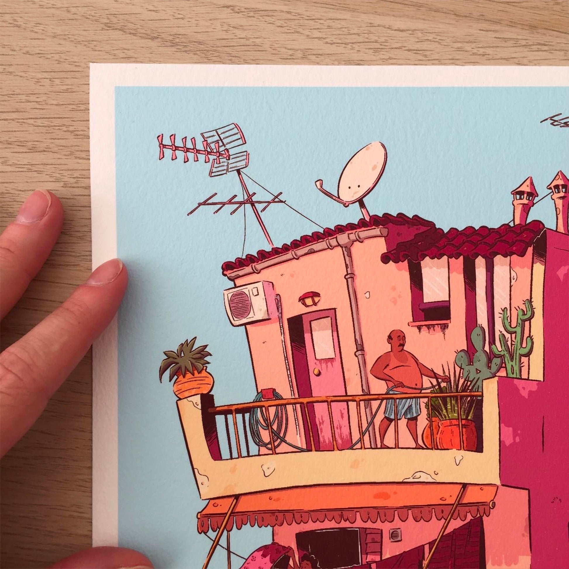 close up of the left corner of the drawing. Where we have a man watering the plants, some parabolic antennas, cracks and dirt on the wall, air conditions, and chimneys.