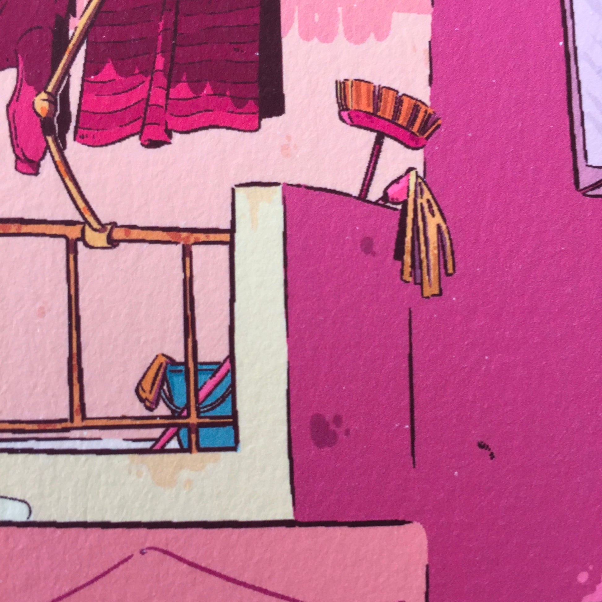 Close up of ​the broom, the mop and the bucket with a cleaning pad