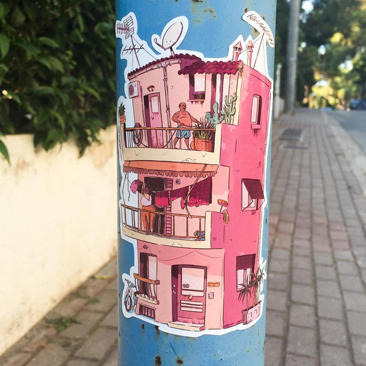 A big sticker of a greek building sticked on a metallic blue pole.