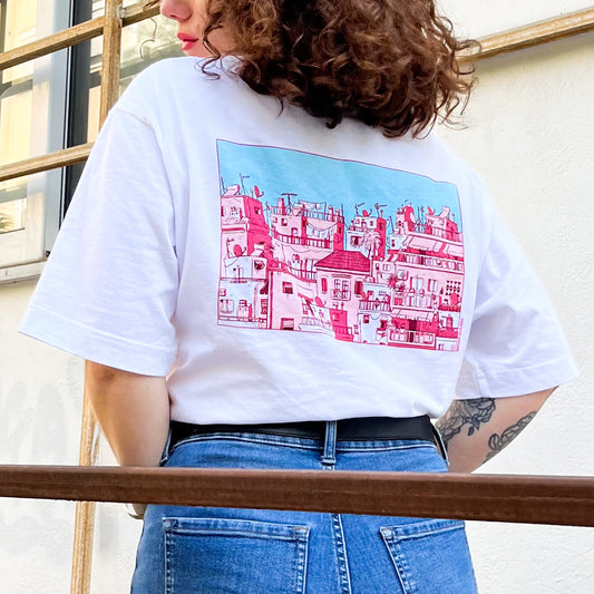 close up of the design : Athens city in 3 shades of pink with a blue sky. A lot of buildings with details of the city and on the balconies such as satelite, clothes hanging, plantes, parabolic antena, chimneys.